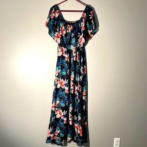 Dress, tropical colors, off the shoulder